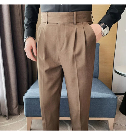 British Style Twill Pleat Design Naples High Waist Casual Trousers Fashion Man Slim Simple Social Party Suit Pant Plus Size 38