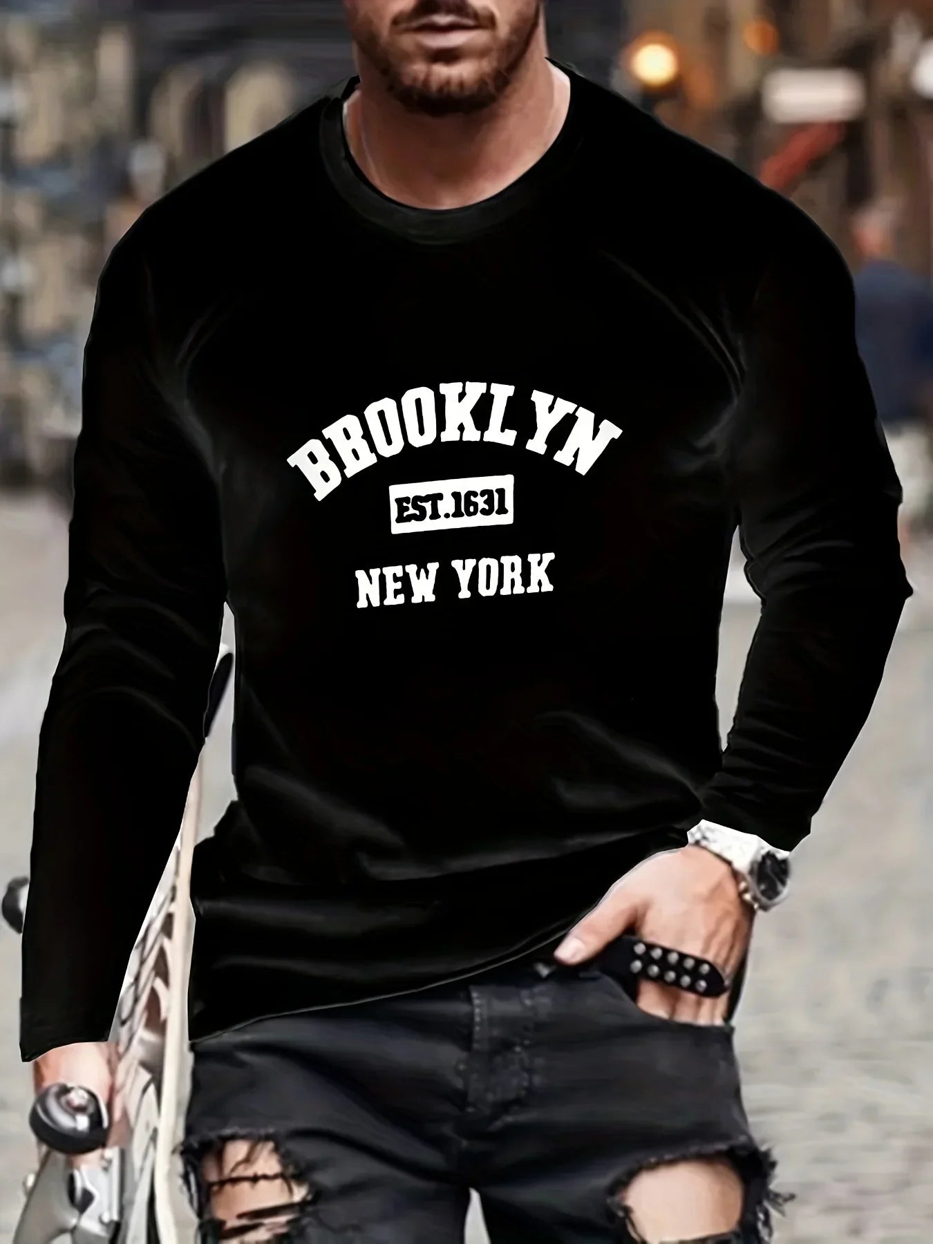 Men's 100% pure cotton loose and comfortable sports and leisure Brooklyn print round neck long sleeved T-shirt top