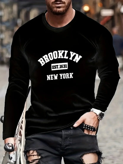 Men's 100% pure cotton loose and comfortable sports and leisure Brooklyn print round neck long sleeved T-shirt top