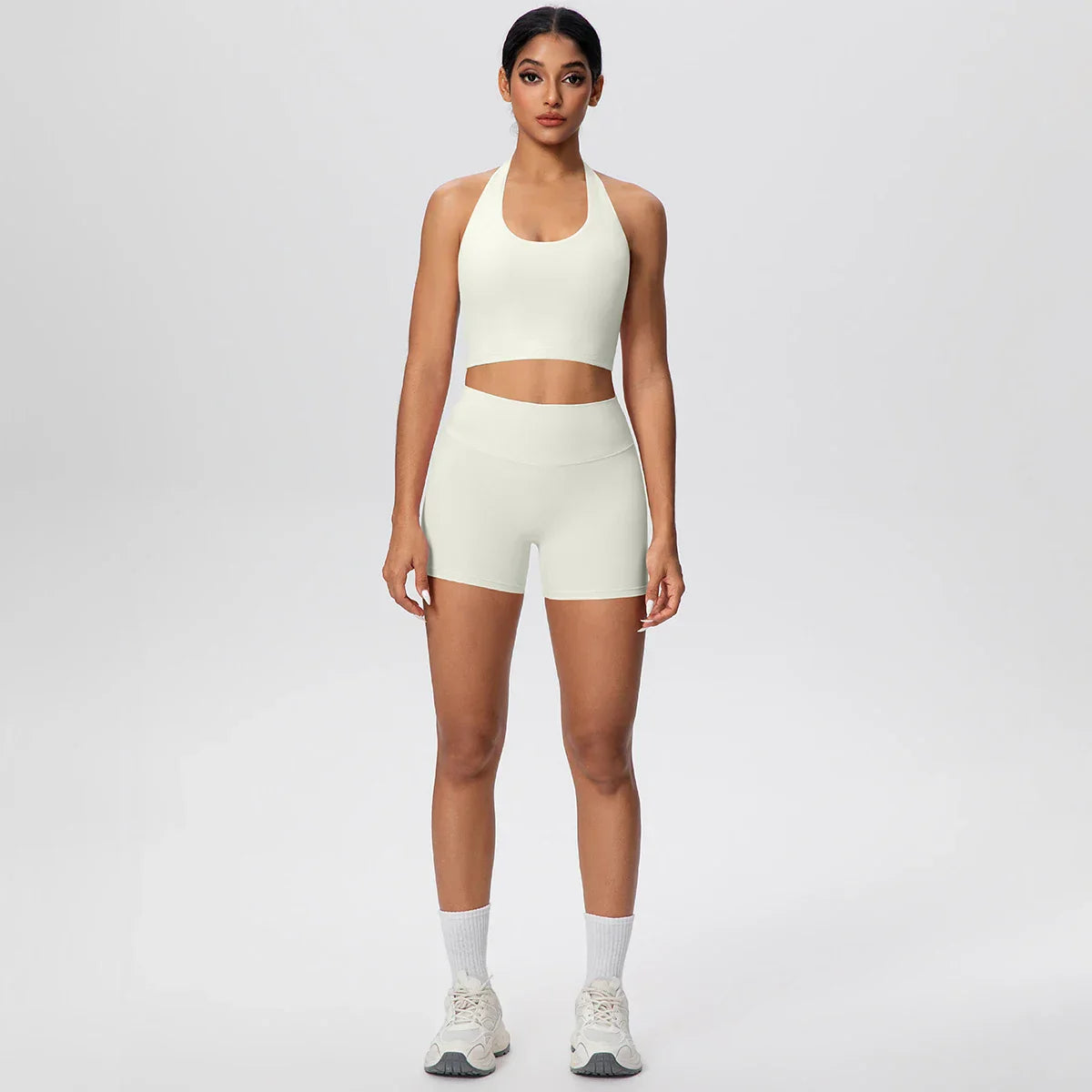 2picese Women Yoga Suit Solid Color High Waist Hip Push Up Fitness Shorts Sexy Pilates Backless Gym Hanging Neck Bra Yoga Set