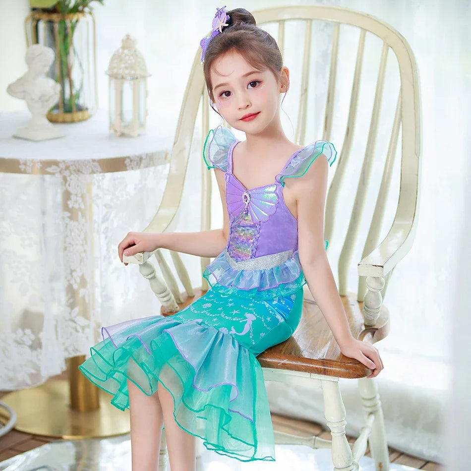 Halloween Costume Mermaid Dress Girl Ruffles Shell Fishtail Frocks Ariel Fantasy Luxury Princess Gown Children Fancy Fairy Dress