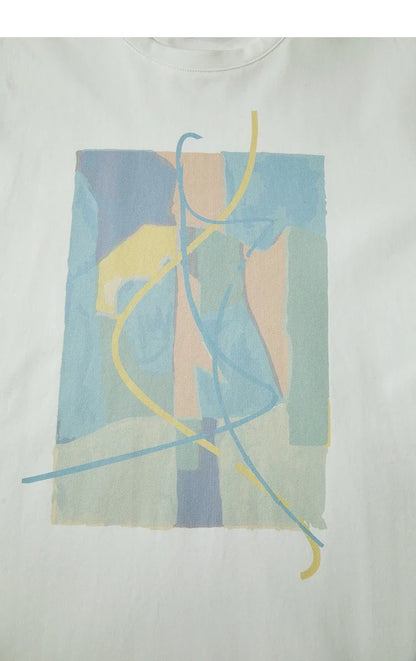 Minimalist Summer T-shirt Women Irregular Design Tops Casual O-neck Abstract Print Loose Dropped Shoulder T-shirt 12522081