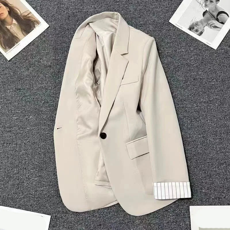 2025 New Beige Notched Collar Jacket Women Korean Chic Patchwork Long Sleeve Small Suit Coat Casual Simple Single Button Blazers
