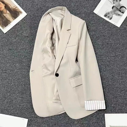 2025 New Beige Notched Collar Jacket Women Korean Chic Patchwork Long Sleeve Small Suit Coat Casual Simple Single Button Blazers