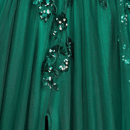 Sling Evening Dresses Sexy Spaghetti Straps V-Neck Illusion Sequins Appliques Prom Dress A-Line Train High Split Gowns