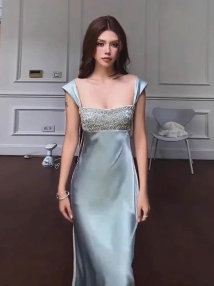Elegant Strap Dress Women Low-Neck Patchwork Classic Evening Sexy Stain Valentine's Day Dating Slim Coquette Long Bodycon