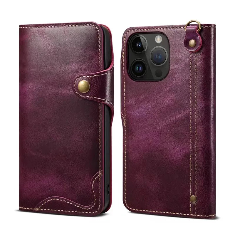 Genuine Leather Wallet Phone Case for iPhone 14 15 Plus 12 13 Pro Max 11 XS XR 6S 7 8 SE Holder Cover With Hand Strap