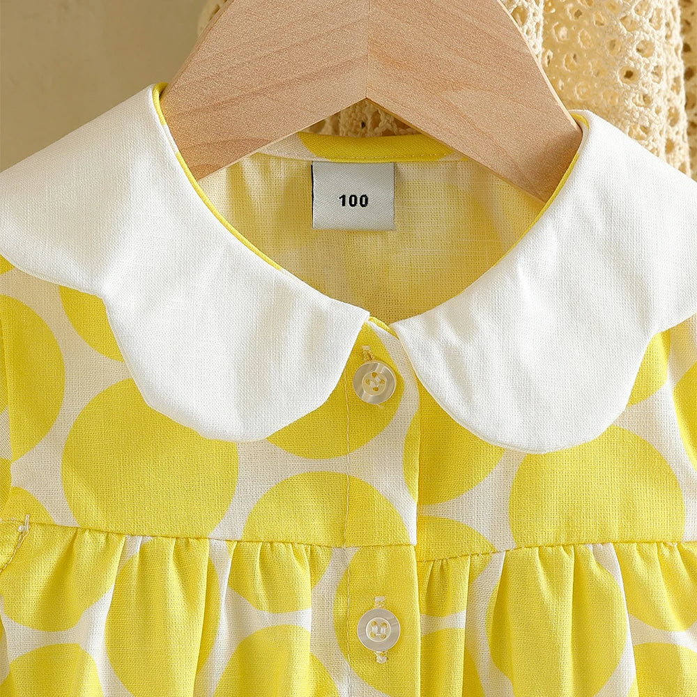 2-8Y Toddler Girls 100% Cotton Yellow Polka Dot Dress Peter Pan Collar Summer Casual Sundress