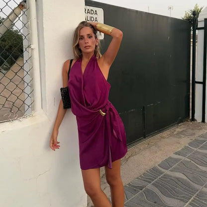 sexy Dress for Women Fashion Summer New Sleeveless Backless brown Hanging neck collar Chic Female Evening Dresses Mujer