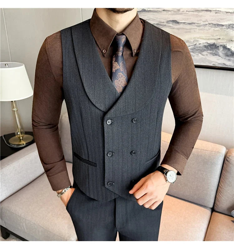 ( Vest+Pants) Autumn Winter Thicken Wool Striped Suit Vest 2 pieces Men Fashion Slim Fit Business Casual Wedding Dress Vest Sets
