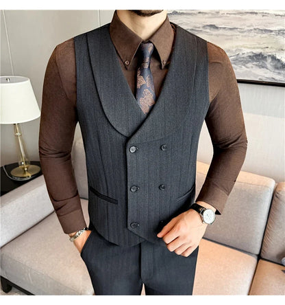 ( Vest+Pants) Autumn Winter Thicken Wool Striped Suit Vest 2 pieces Men Fashion Slim Fit Business Casual Wedding Dress Vest Sets
