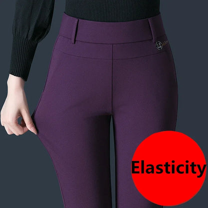 Black Women's High Waist Stretch Suit Pants, Fashion Slim Trousers, Purple Green Brown Pantalones, Asian Size M-6XL