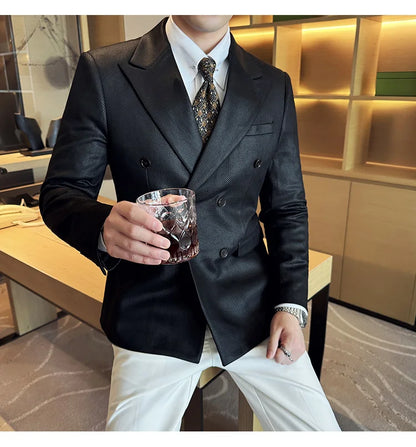 High Quality Men Double Breasted Blazer Suede Gilded Twill Slim Fit Business Social Formal Suit Jacket Tailcoats Men Clothes