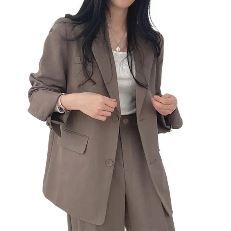 Casual Notch Lapel Suit Set with Button Thick Wide Leg Small Suit Pants High Waist Drape Polyester Business Lady Style Women