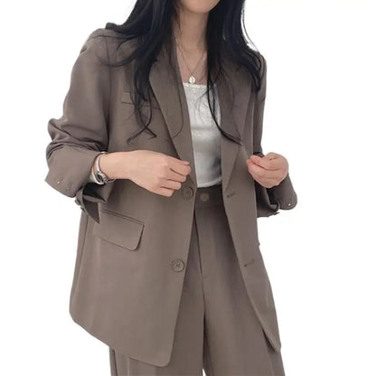 Casual Notch Lapel Suit Set with Button Thick Wide Leg Small Suit Pants High Waist Drape Polyester Business Lady Style Women