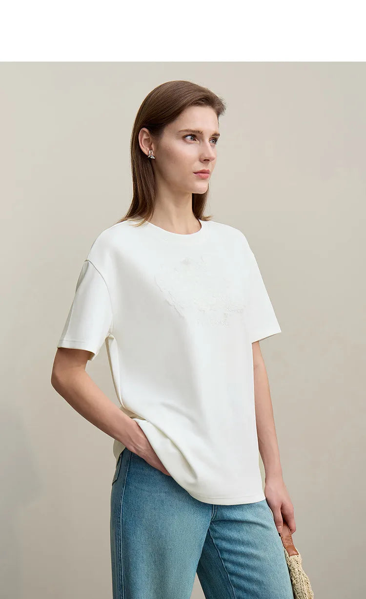 Women's T-Shirt 2026 Summer New Round Neck Drop Shoulder Cotton Tee Lace Embroidered Woman Loose Fit knit Tops 12622048