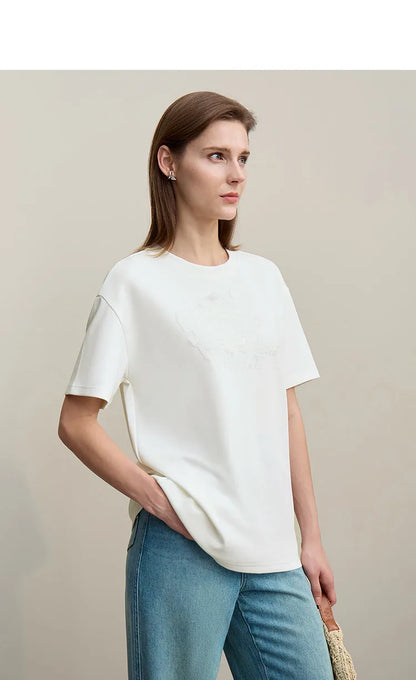 Women's T-Shirt 2026 Summer New Round Neck Drop Shoulder Cotton Tee Lace Embroidered Woman Loose Fit knit Tops 12622048