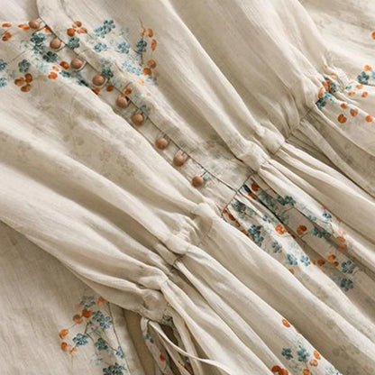 Dress Women Long Print Elegant Clothing Vintage Elastic Waist Korean Casual Beach Style V-Neck Fashion Robe Vestidos De Mujer