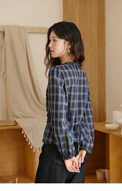 Women's Vintage Blue Plaid Shirt 2025 Autumn New Elegant Luxury Loose Waist Shirts Round Neck Long Sleeved Top MXE45X2480