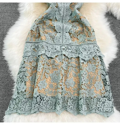 Retro Court Sle round Ne Fly Sve Slimming Soluble Hook Flower Hollow A-Line Dr Summer New Arrival Women's Faion