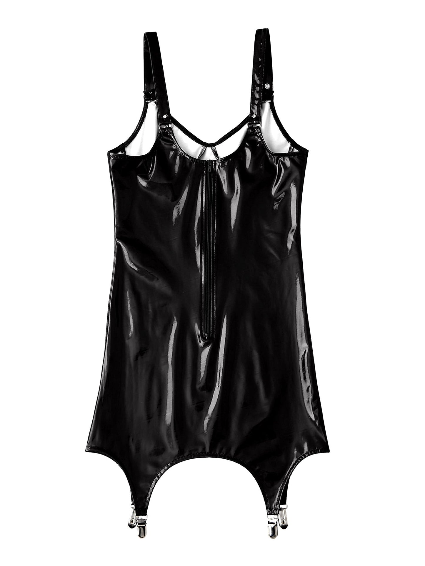 Womens Shiny Metallic PVC Leather V-Neck Mini Dress Chemise Wet Look Night Club Bodycon Babydoll Clubwear with Garter Belt