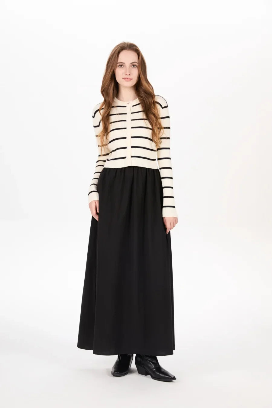 AS AW25 stripe knitting cardigan + sleeveless patch dress maxi matching set for woman clothing