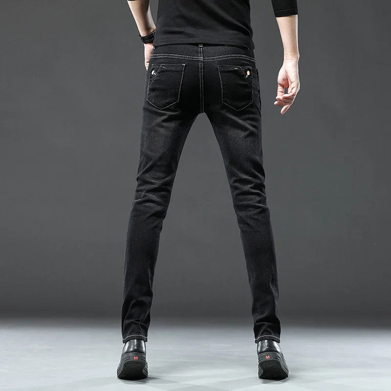 New Men Slim Korean Button Jeans Black Skinny Solid Color Stretch Multi-button Youth Male Denim Pants Streetwear