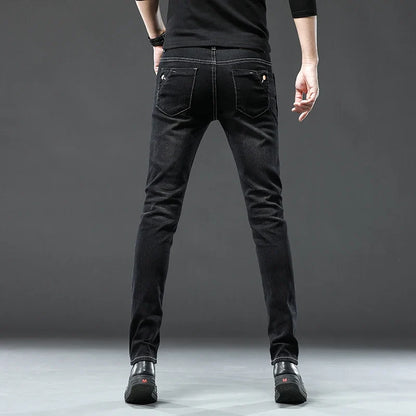 New Men Slim Korean Button Jeans Black Skinny Solid Color Stretch Multi-button Youth Male Denim Pants Streetwear