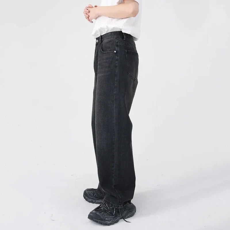 Men Classic Straight Leg Casual Jeans Male Brand Wide Leg Black Denim Pants Simple Vintage Outside High Street Denim Trousers
