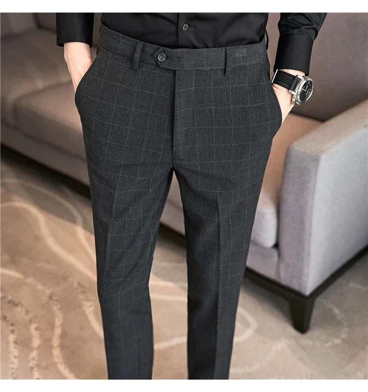 2026 High Quality Men's Plaid Striped Suit Pants Fashion Business Slim Fit Casual Straight Pants Formal Wedding Party Trousers
