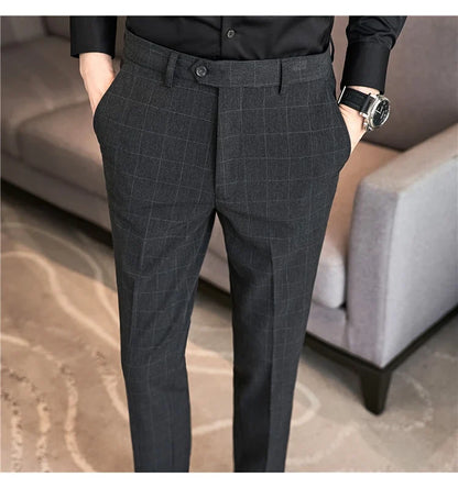 2026 High Quality Men's Plaid Striped Suit Pants Fashion Business Slim Fit Casual Straight Pants Formal Wedding Party Trousers
