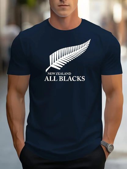 Men's Summer 100 Cotton Fashionable Casual Loose Large New Zealand Letter Feather Printed Round Neck Short Sleeve T-shirt Top