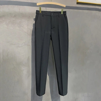Summer Men's Casual Pants Suit Pant Slim Fit Work Elastic Waist Thin Jogging Business Trousers Male Black Grey Plus Size 40