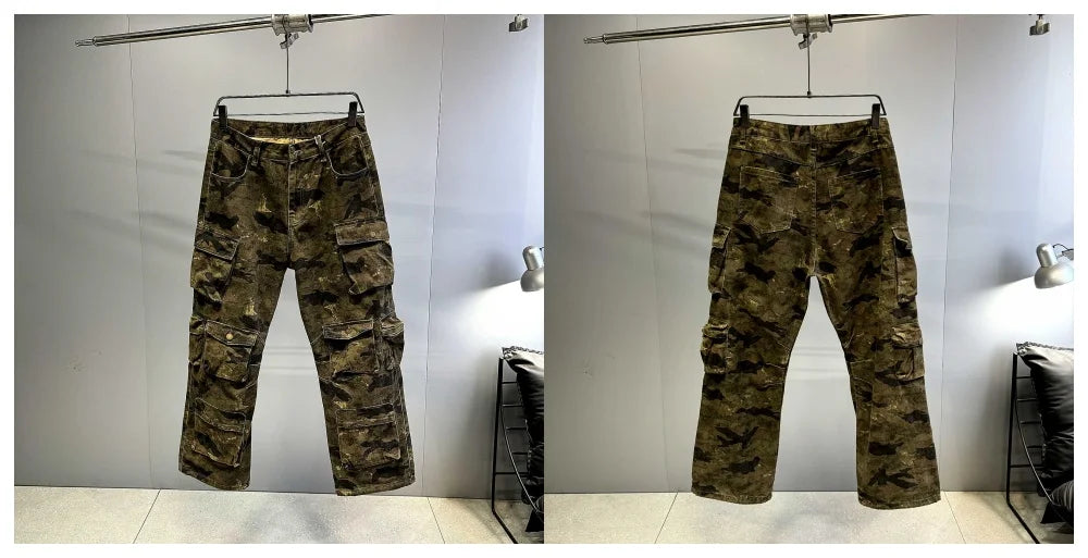 High Quality Vintage Multi-Pocket Camo Cargo Pants Mens Clothing High-End Fabric Tactical Baggy Pants Thick Casual Work Trousers
