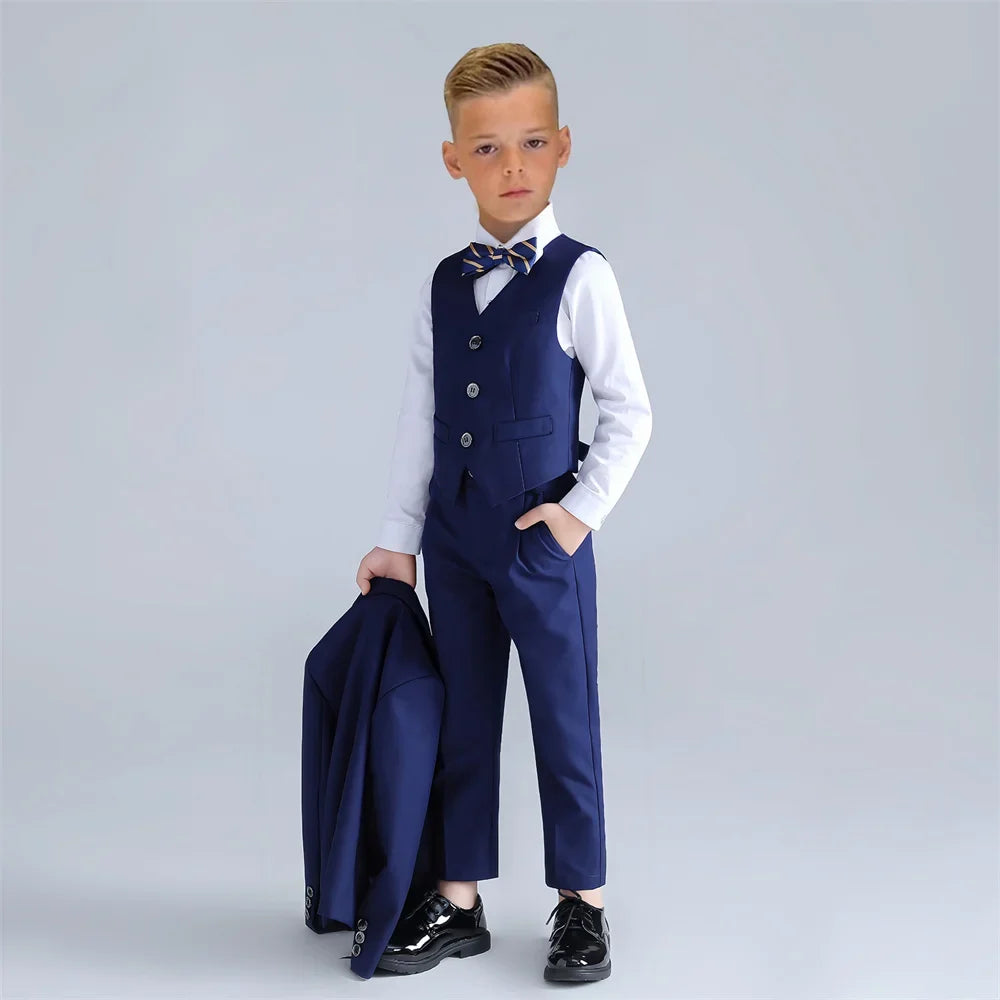 Four Pieces Navy Blue Boys Suit Set Single Breasted Jacket Pants Vest Bowtie Communion Party Tuxedo Formal wear