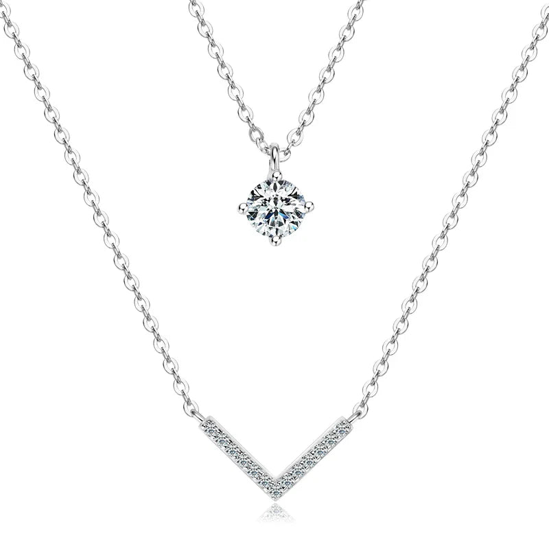 Certified Moissanite V-shape Pendant Double Necklaces Chains for Women S925 Sterling Silver Fine Jewelry Gifts Collares