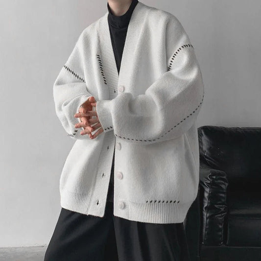 Autumn V-neck Cardigan Sweater Men Women Streetwear Loose Lazy Style Korean Vintage Knitwear Jacket Fashion Brand Mens Cardigan