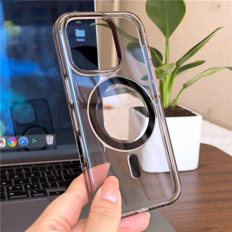 جراب صلب مغناطيسي شفاف أصلي Magsafe لهاتف iPhone 17Pro 16 15 17Pro Max مع زر كاميرا سعوي وغطاء شحن لاسلكي