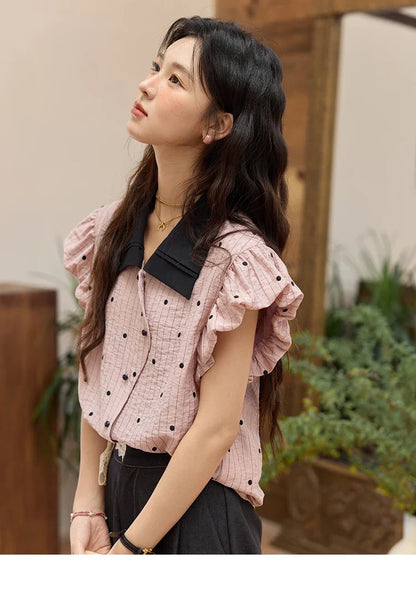 Summer Office Lady Blouses Women 2025 Short Sleeve Turn-down Collar Polka Dot Shirts Female Fashion Slim Tops MXE31C0776