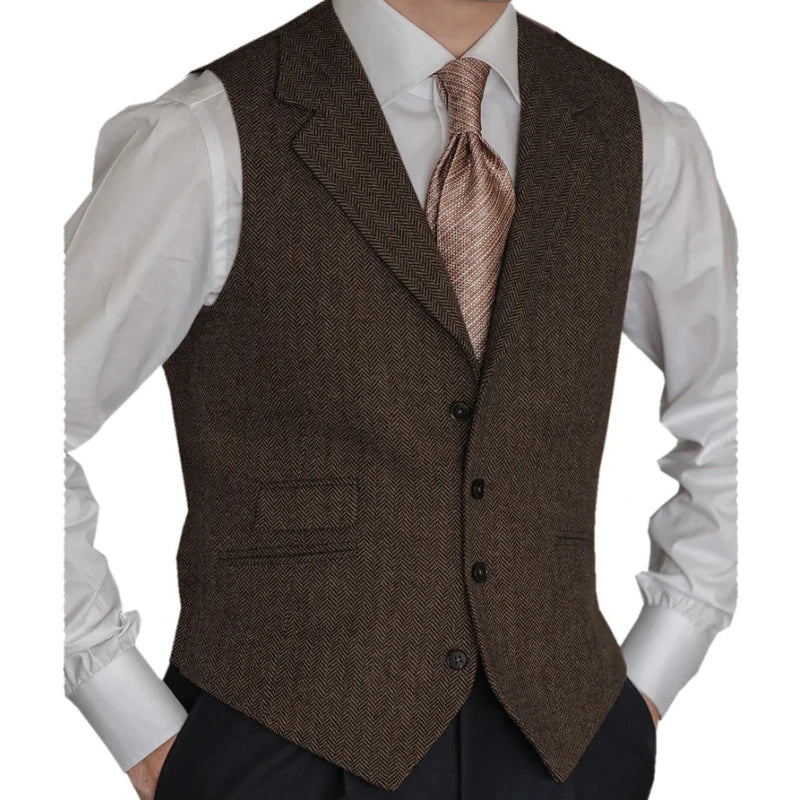 Men Vest Brown Classic Herringbone Pattern Suit Vest Notch Lapel Waistcoat Slim Formal For Wedding Groomsmen Banquet Men Suit
