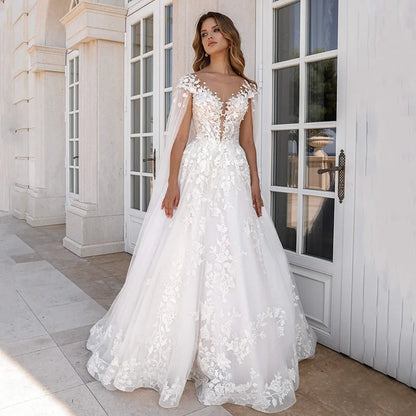 New Wedding Dress with Sleeve Cape Customized Cap Sleeve Scoop Neck A Line Lace Bridal Gown Sweep Train Glitter Bride Dresses