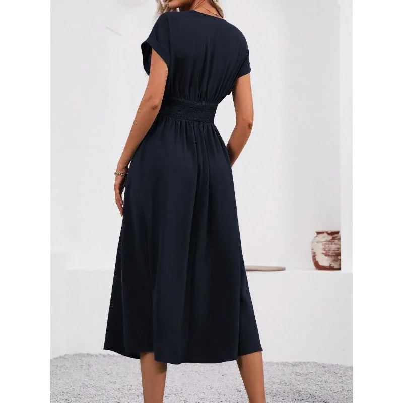 Dresses 2025 Woman Summer Solid-Color V-Neck Batwing-Sleeve Pleated Long Elegant Dress Woman Clothing Tops Skirts Y2k Clothes