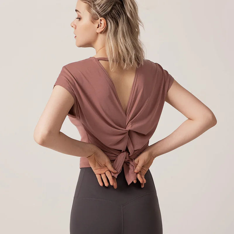 Women's Split Side Yoga Top Sexy Open Back Fitness T-shirt Loose Fit Workout Tee Running Sports Cover Gym Wear Woman Clothing