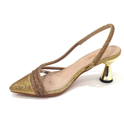 Italian Pointed Toe Wedding Shoes Gold Color Summer Sandal for Women 2023 High Heels Rhinestone Shoe and Bag Set