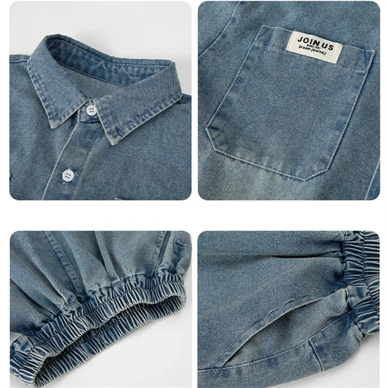 High Fashion Kids Summer Suit for Boy with Denim Shorts Two Pieces Tracksuit Children Casual Top and Bottom Clothing Set 5-14 Y