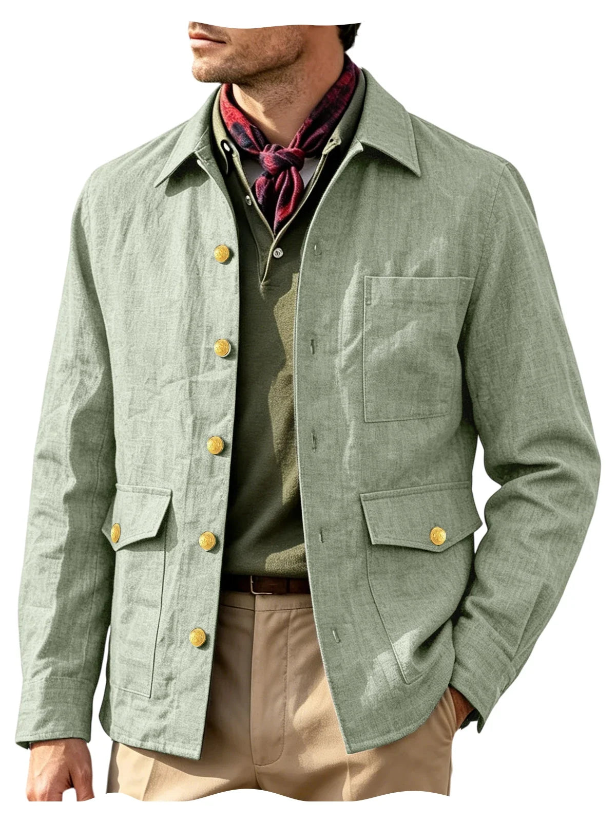 Vintage Men's Linen Jacket Lapel Collar Gold Button Casual Slim Fit Coat Lightweight Breathable for Formal Daily Office Wear