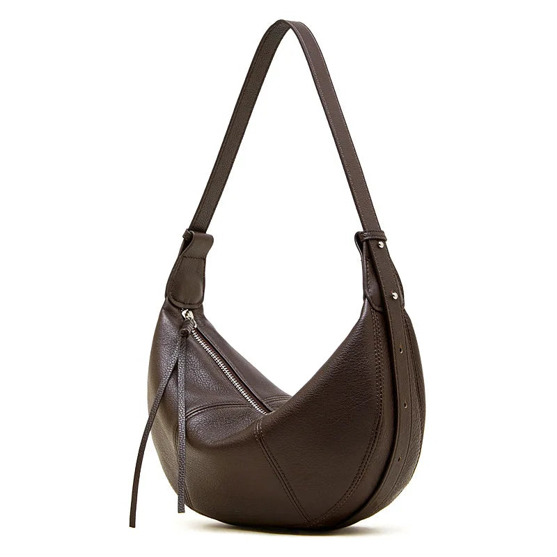 2025 New Top Grain Leather Croissant Dumpling Bag Unique Solid Color Shoulder Crossbody Bag Women Practical Commuting Handbag