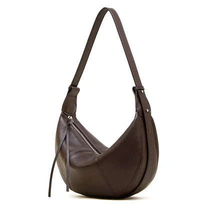 2025 New Top Grain Leather Croissant Dumpling Bag Unique Solid Color Shoulder Crossbody Bag Women Practical Commuting Handbag