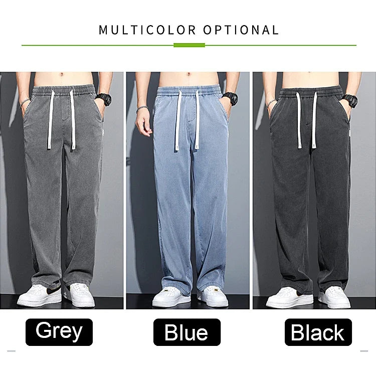 Summer Soft Lyocell Fabric Men's Jeans Thin Loose Straight Pants Drawstring Elastic Waist Korea Casual Trousers Plus Size M-5XL