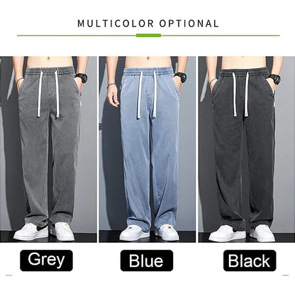 Summer Soft Lyocell Fabric Men's Jeans Thin Loose Straight Pants Drawstring Elastic Waist Korea Casual Trousers Plus Size M-5XL